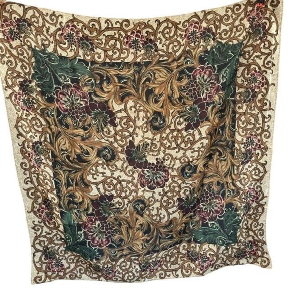 New York Studio Silk Scarf Brown Gold Green Floral Scroll Baroque Square Korea
